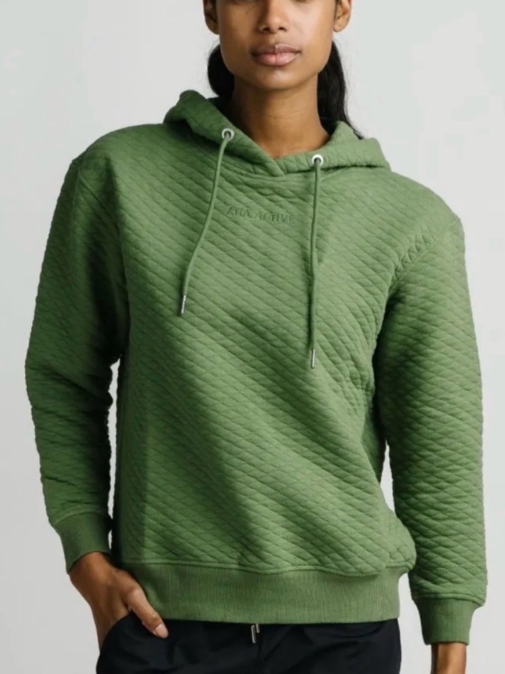 ZYIA Active Pine Green Quilted Diamond Textured Hoodie Activewear Womens Sz XL